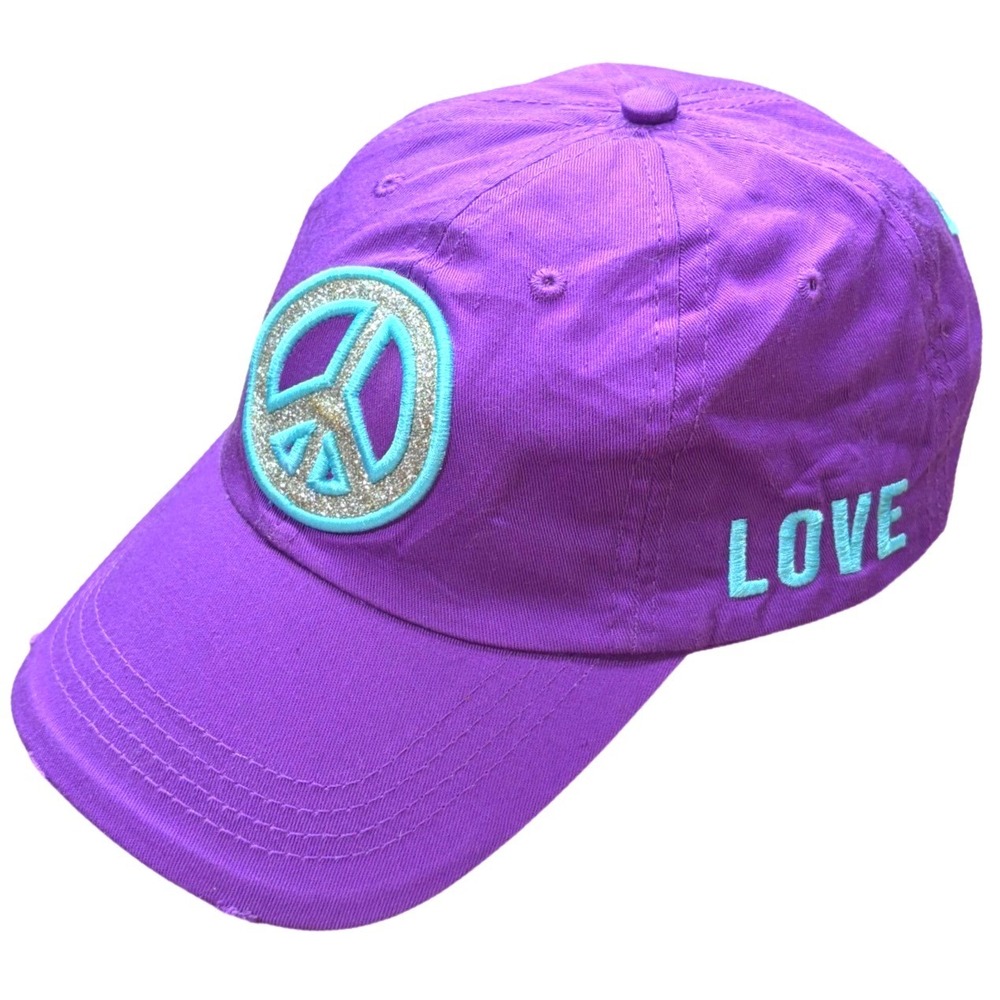 Y2K Kidcore Nostalgia Purple Peace Love Glitter Patch Distressed Baseball Cap